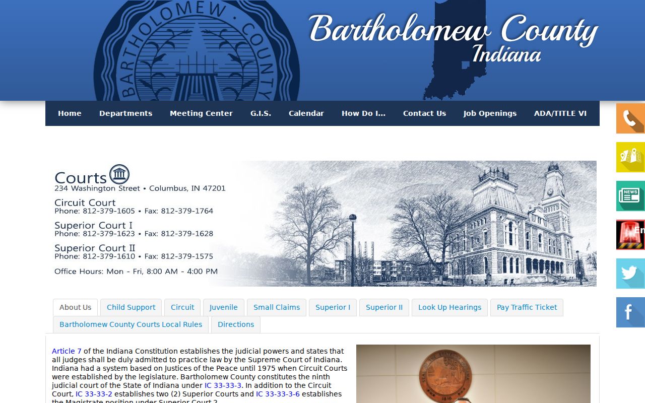 Bartholomew County courts page with courthouse location and jurisdiction summary