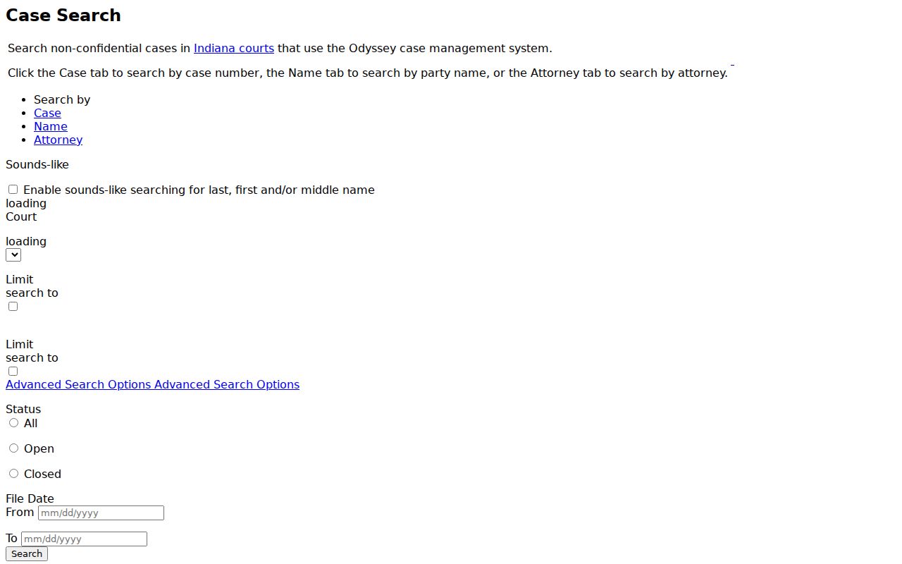 Blank Indiana MyCase interface for a privacy-safe court case search