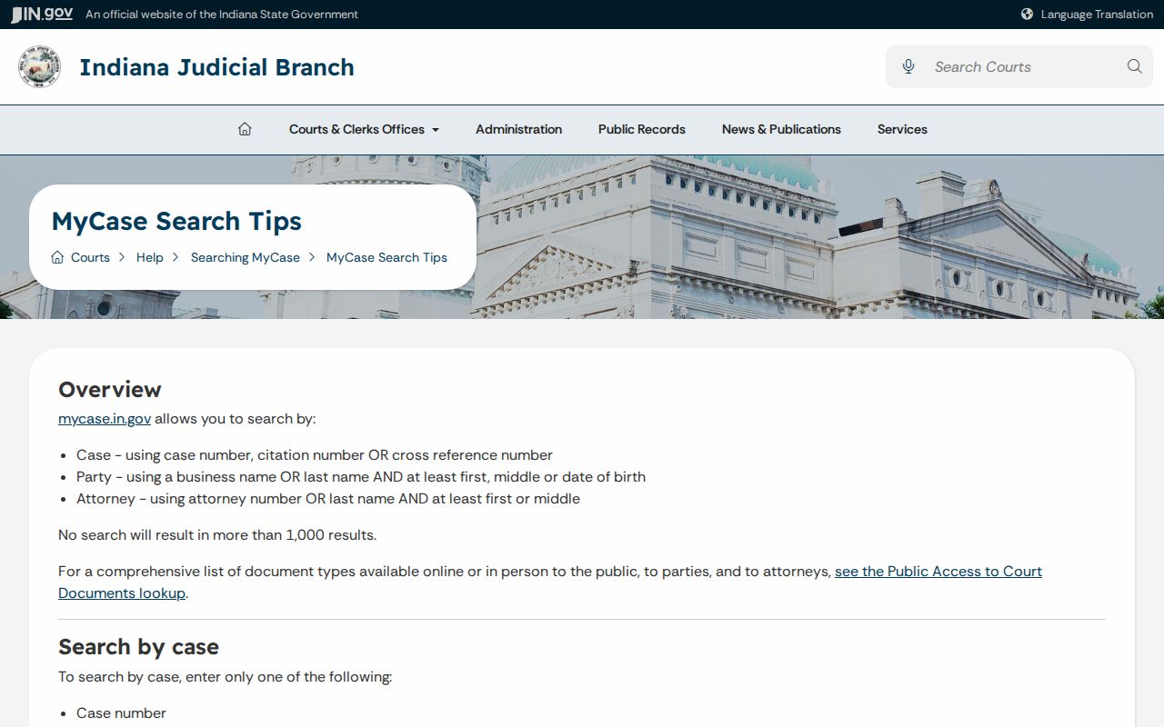 Official Indiana MyCase search tips for narrowing a public case search
