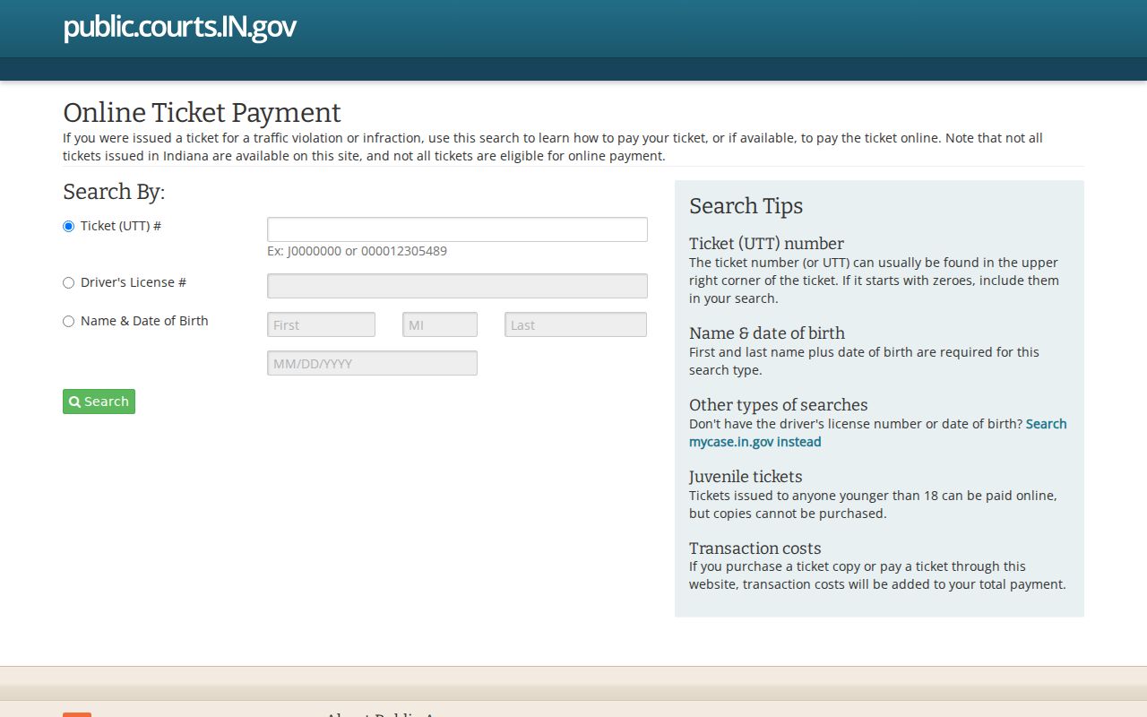 Blank official Indiana court traffic payment entry screen